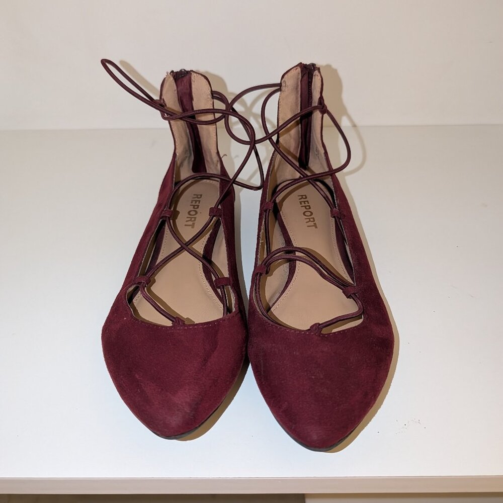 Report Burgundy Faux Suede Lace-Up Ballet Flats | Size 8.5